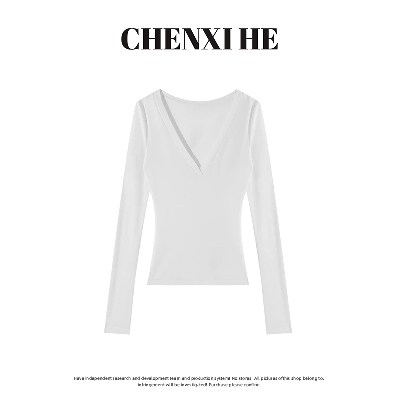 何晨曦 设计款~修身亲肤百搭V领长袖T T0737C