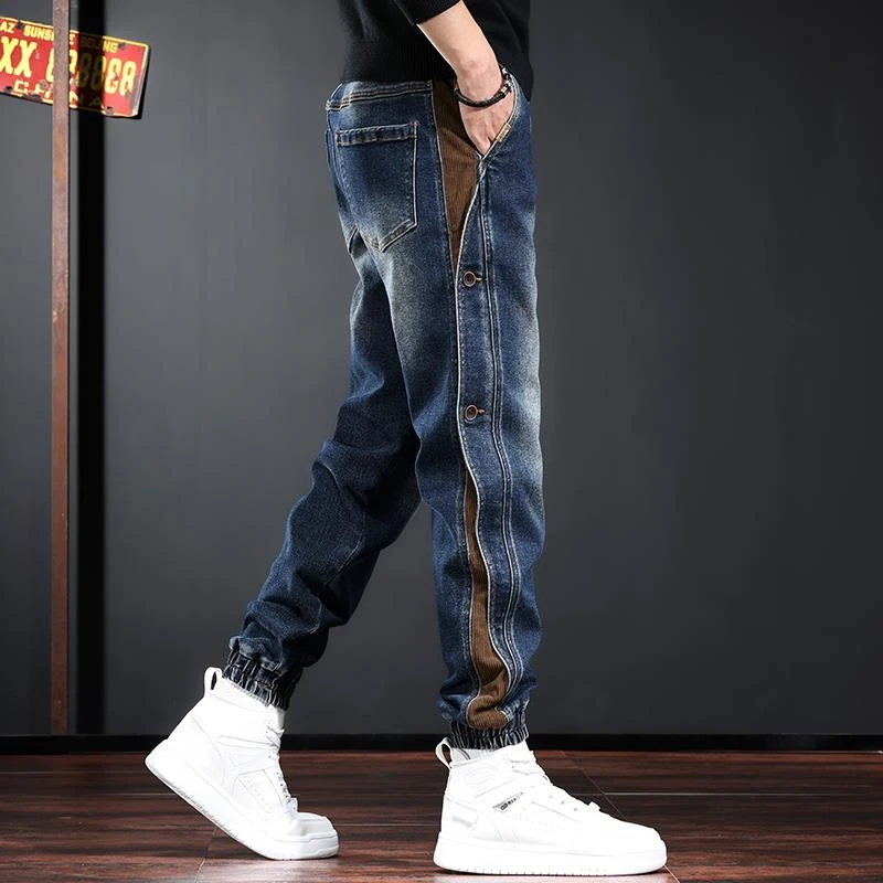 怀旧拼接牛仔裤男美式工装复古束脚哈伦裤秋冬季新款休闲裤子百搭