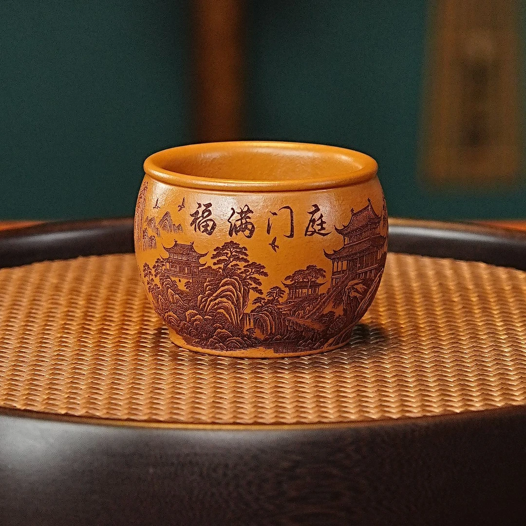 宜兴全手工紫砂茶具 原矿朱泥泥料刻绘福满门庭主人杯品茗杯