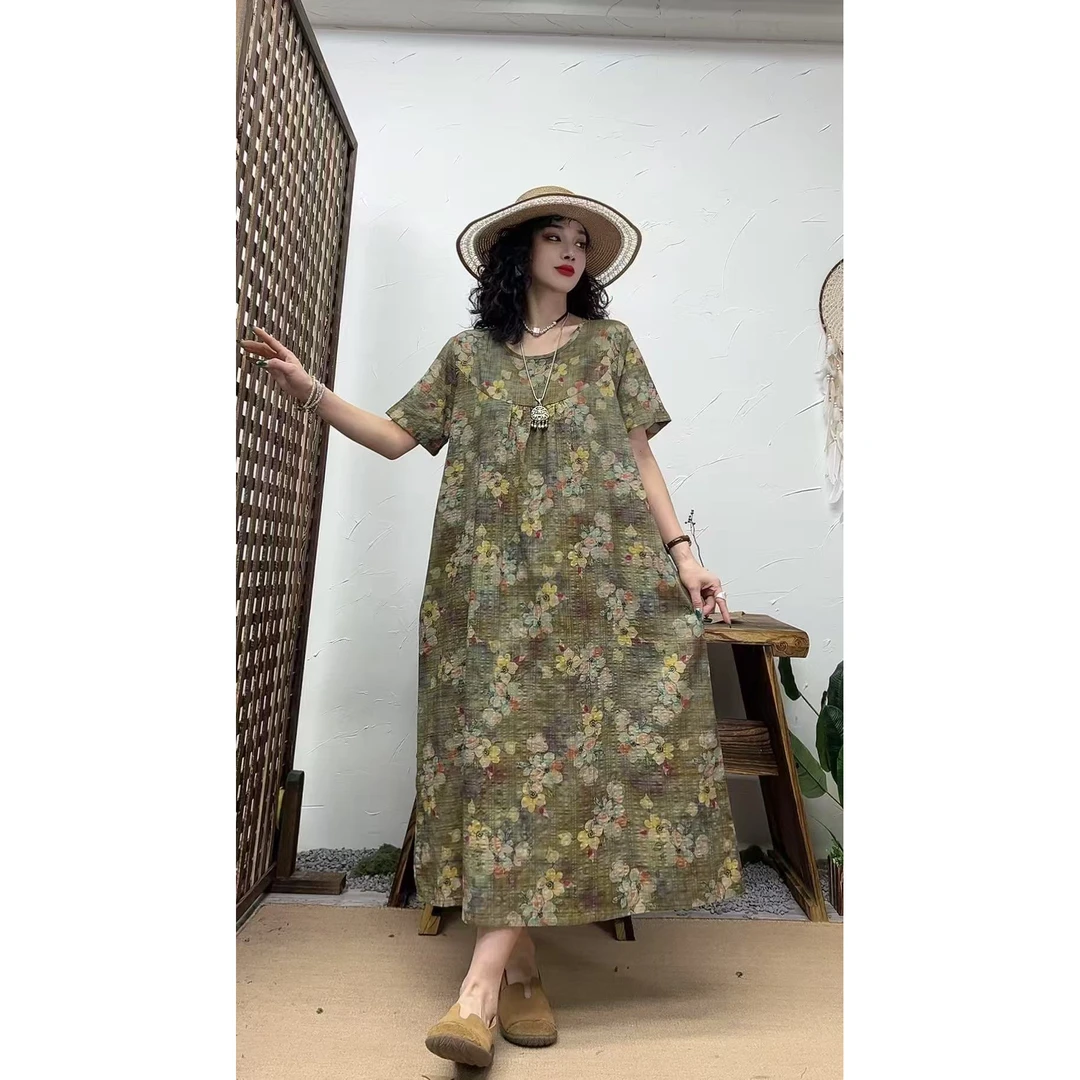 555夏季新款显瘦气质时尚女百搭休闲文艺复古印花洋气宽松连衣裙