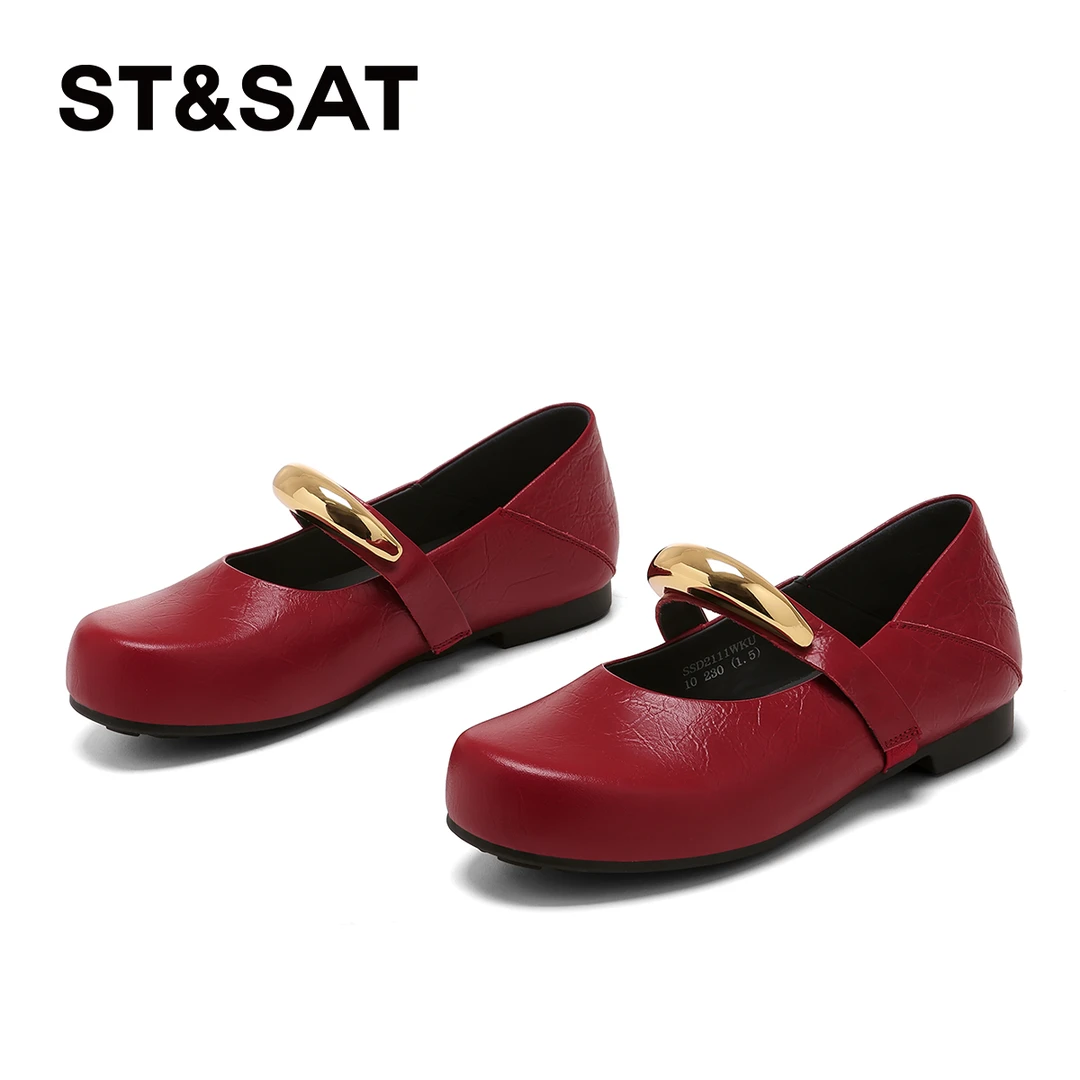 星期六老钱风擦色玛丽珍鞋女2025秋季新款金属一字带平底浅口单鞋