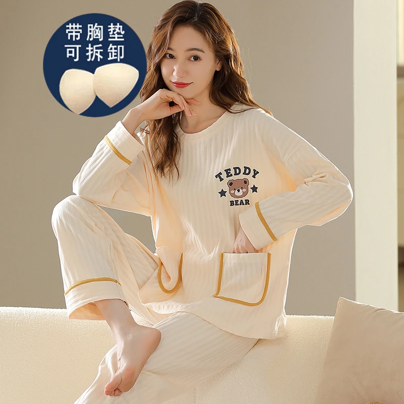 睡衣女春秋带胸垫长袖纯棉大码胖mm200斤可外穿宽松家居服套装女