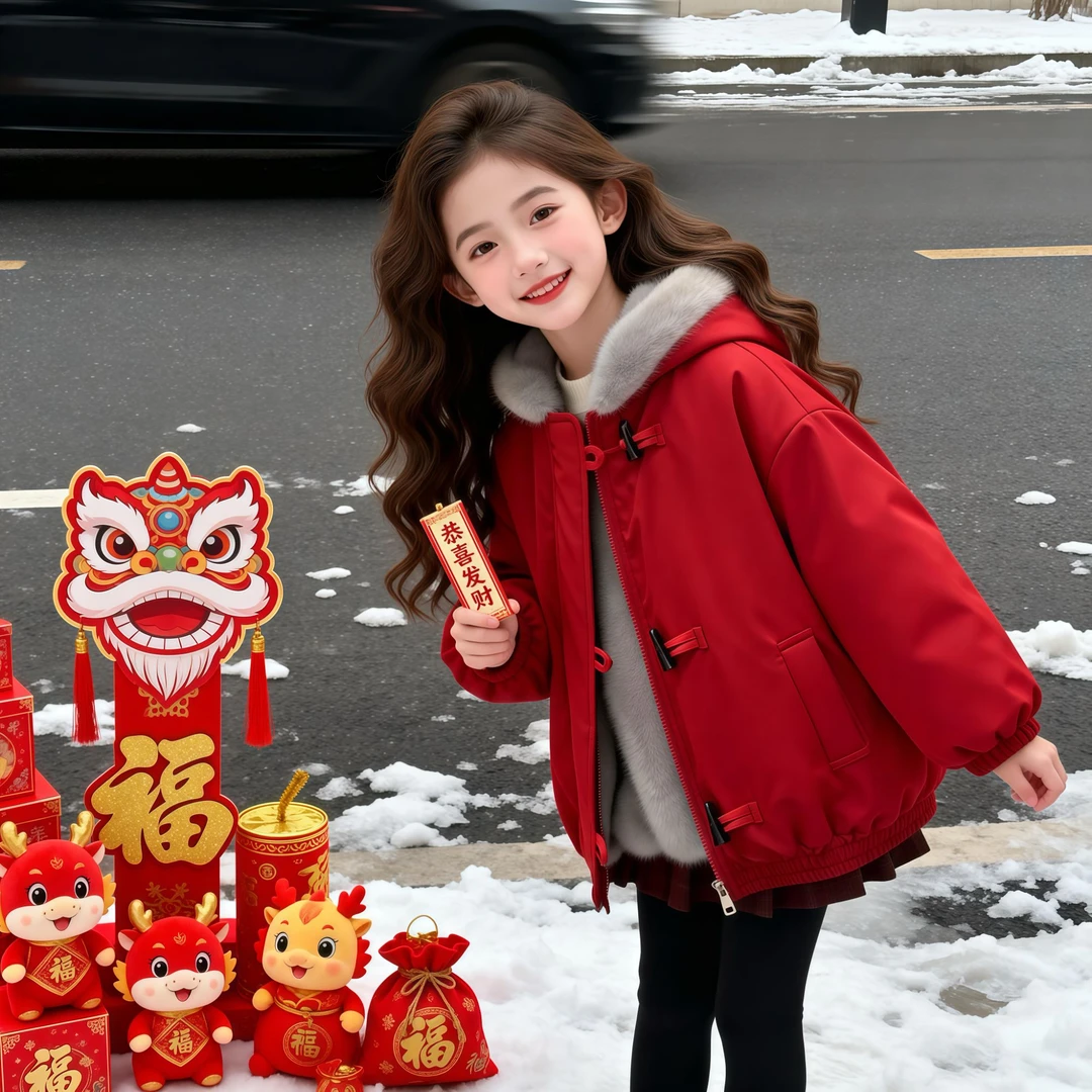 女童冬装外套加绒加厚派克服2025冬季新款中大童潮款连帽红色棉服