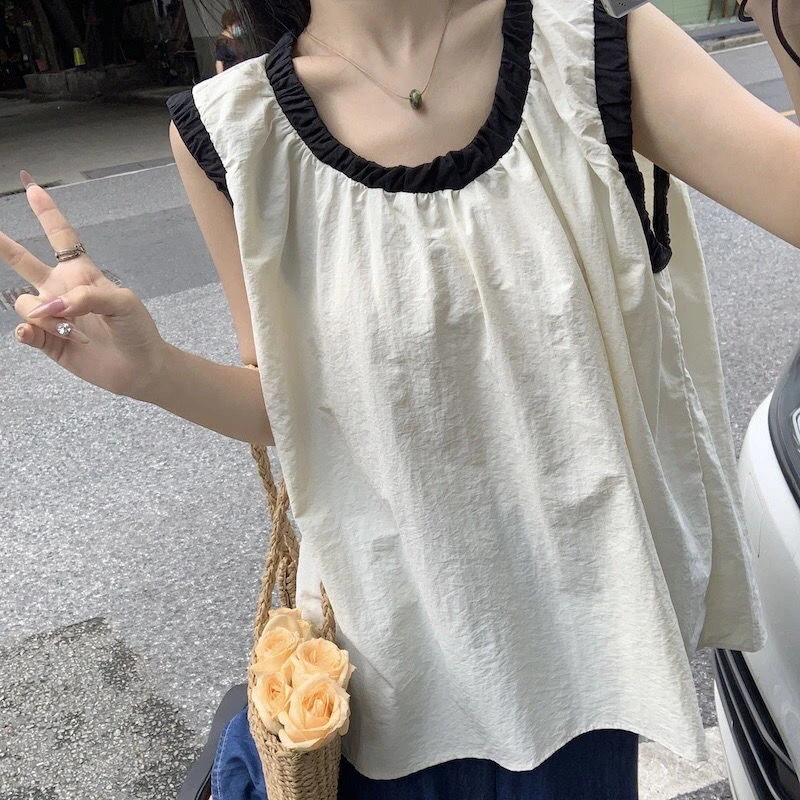 撞色宽松背心衬衫女夏季新款韩版时尚显瘦百搭设计感别致无袖睡衣