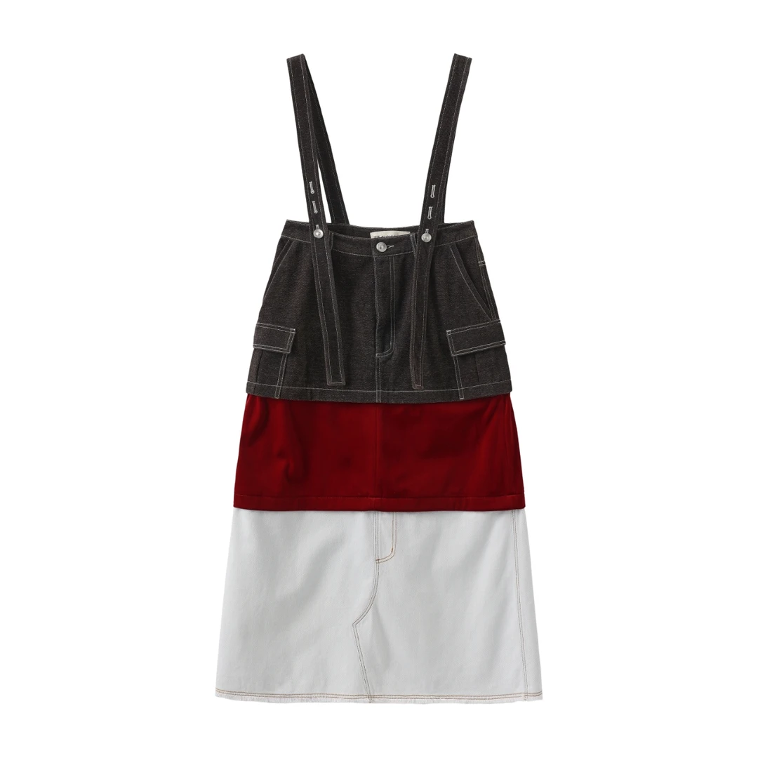 【茉舍】夹生 HALF MADE 塔型拼色背带半裙143L203309-1790