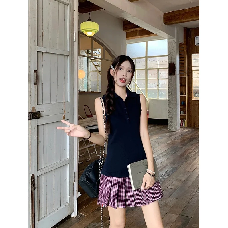 2024夏季新款韩版学院风无袖背心上衣设计感高级格子百褶半身裙女