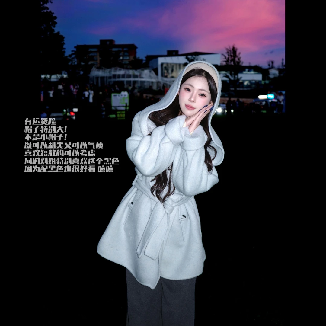 毛呢外套秋冬宽松型通勤常规法式可调节中长款女长袖韩版连帽5015