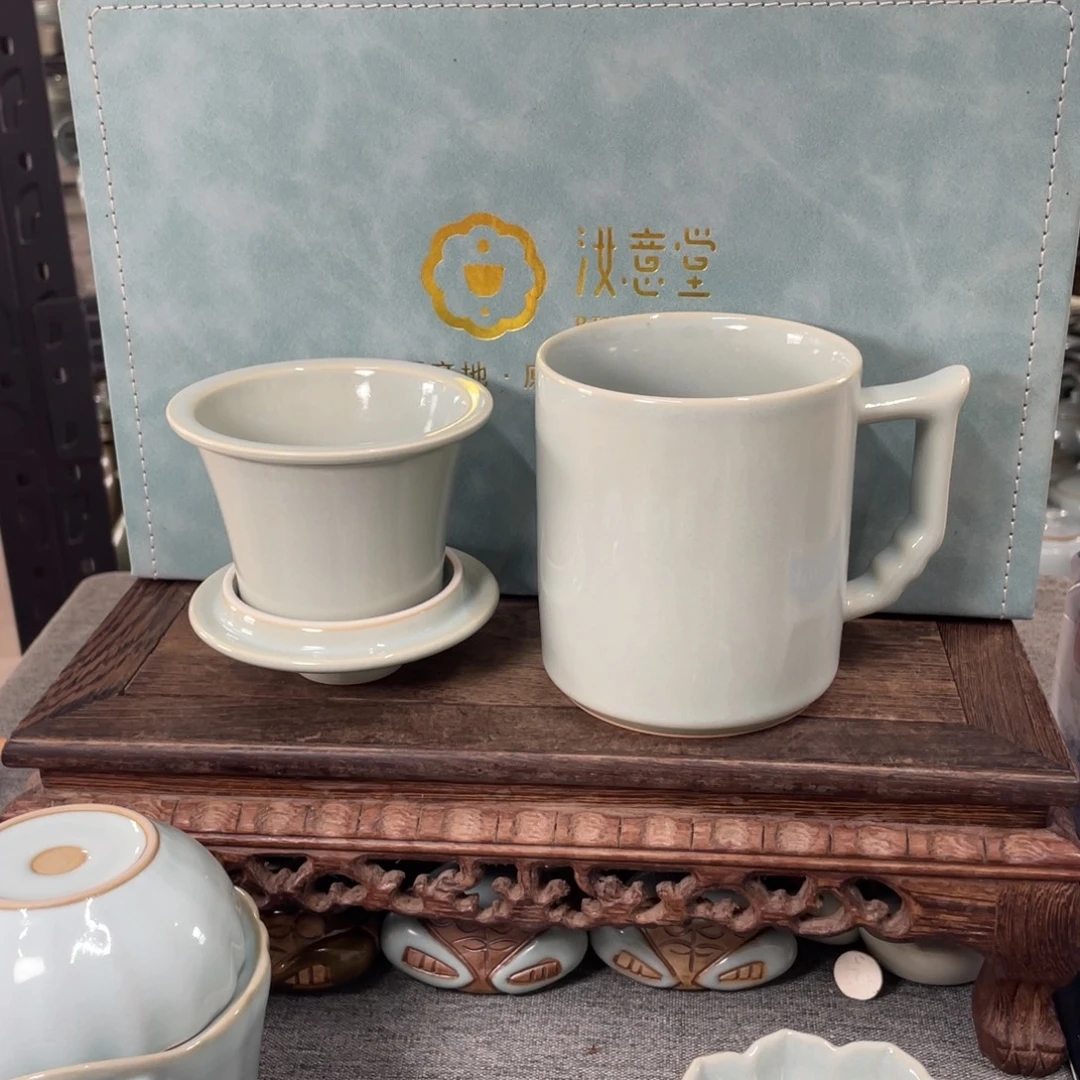 瓷片天青釉大义茶水分离杯礼盒装