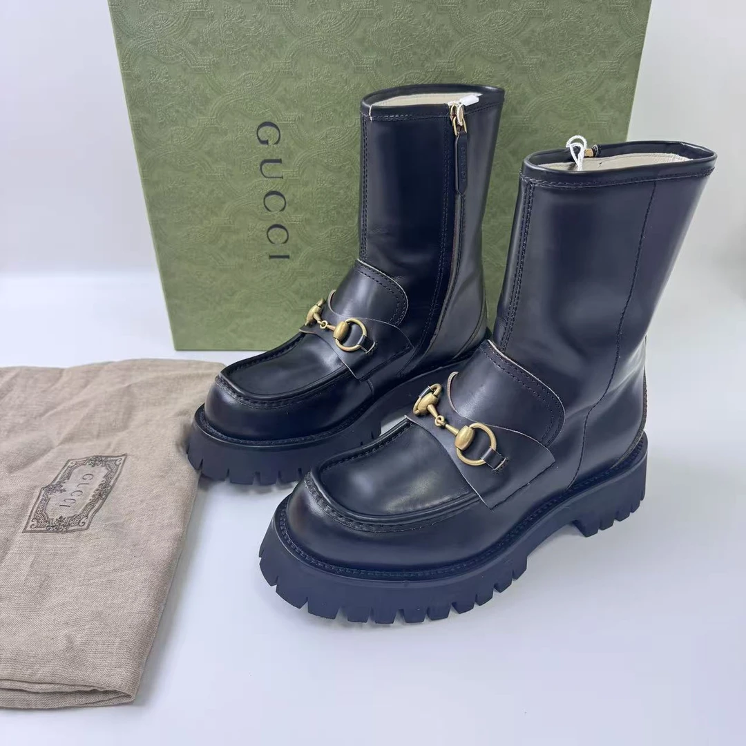 未使用 GUCCI/古驰 36码/仔仔女鞋/全套/黑色后跟小金蜂短靴1862