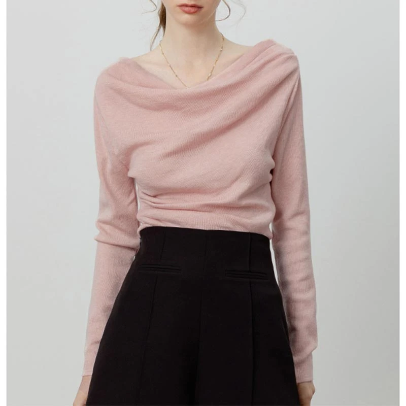 法式一字肩收腰针织衫女2025年春季新款慵懒风气质百搭长袖上衣潮