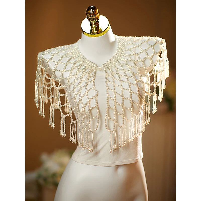 重工手工钉珠配饰女流苏云肩古风仿婚纱礼服旗袍披肩外搭