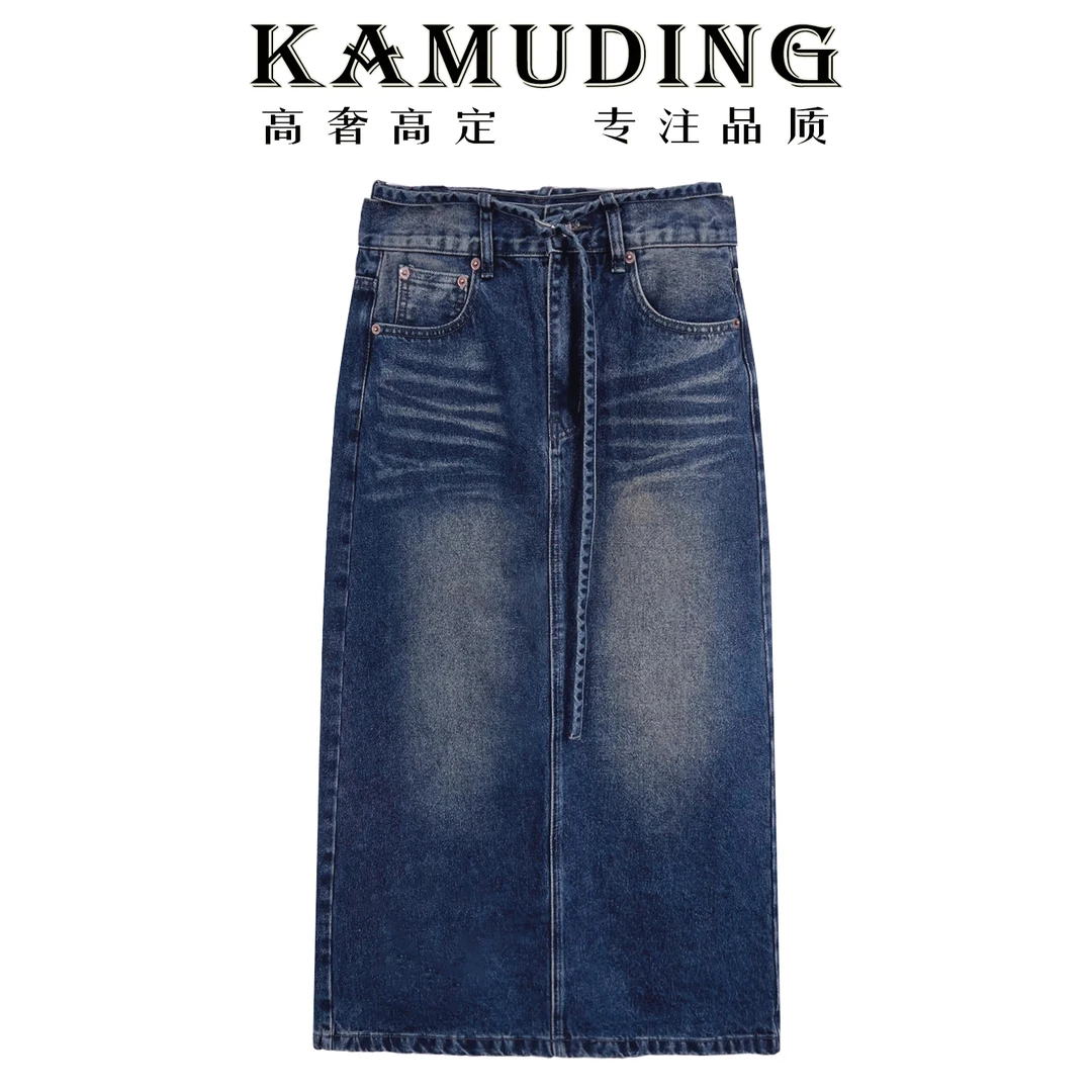 KAMUDING2025新款复古高级感宽松牛仔绑带后开叉半身裙8539