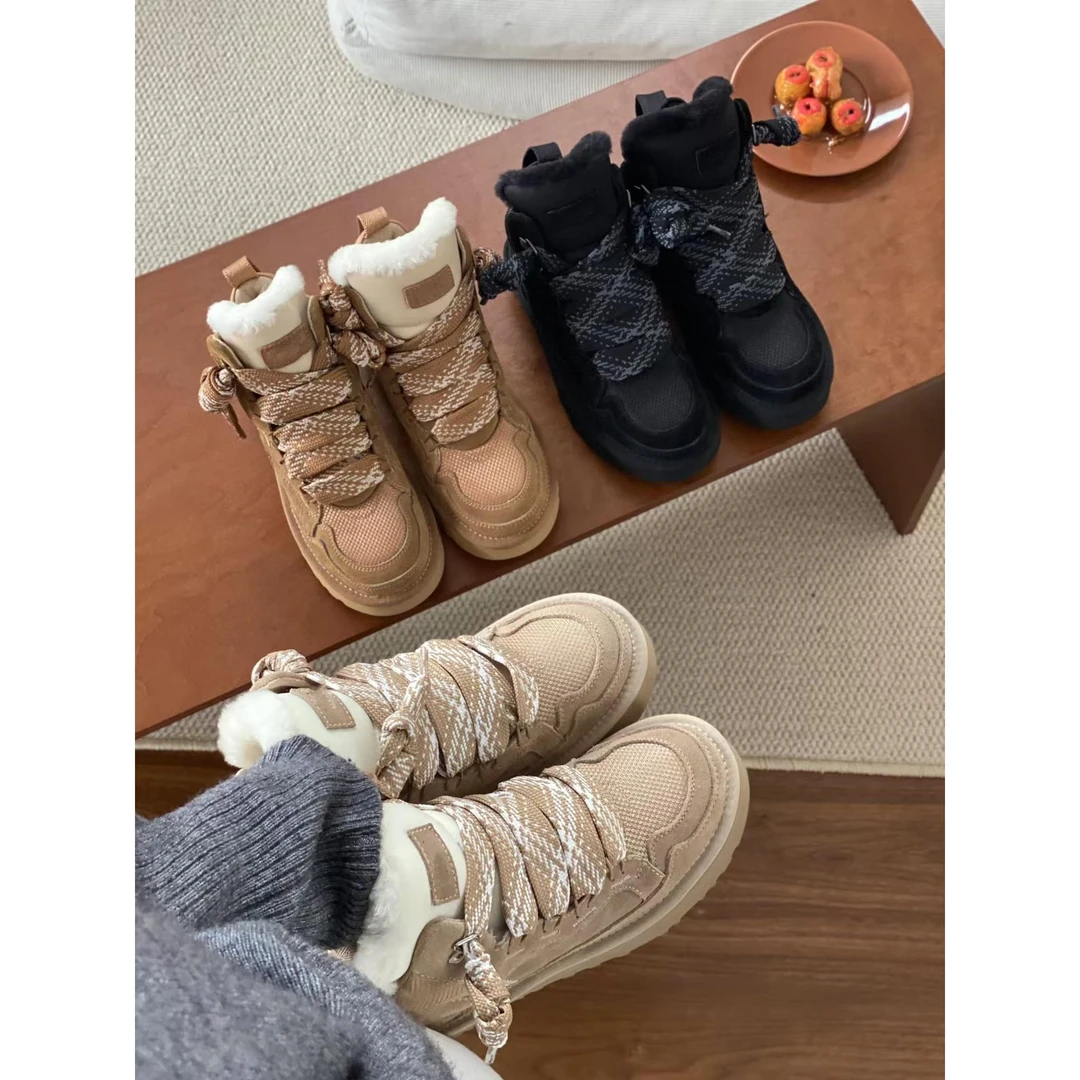 村新款梅尔高帮雪地靴保暖加绒加雪白色女款牛皮雪地靴