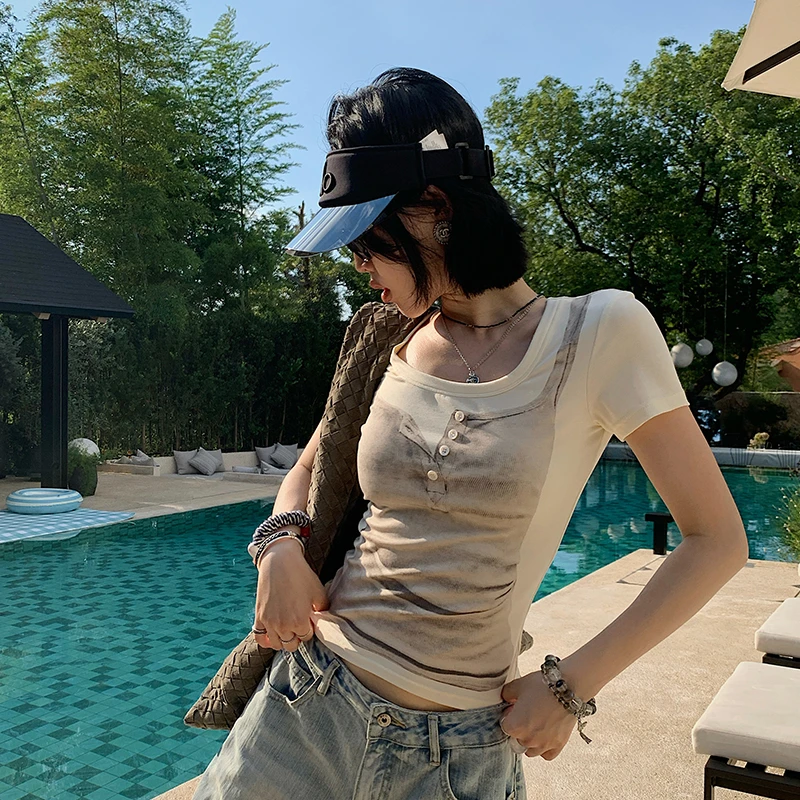 十三粥私服 影绎印记 天丝百搭时尚舒适亲肤U形领假两件T恤ST0144