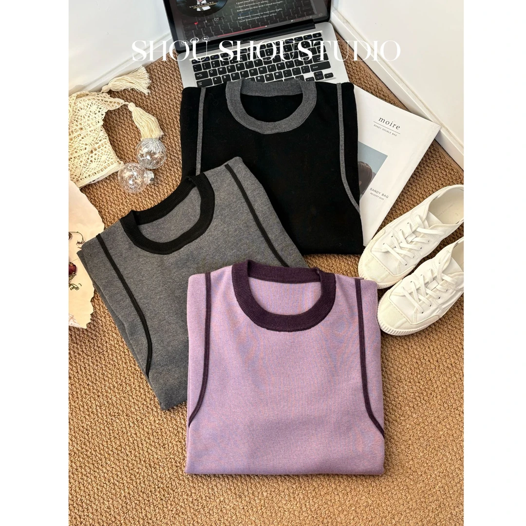 【瘦瘦】大码圆领美丽诺羊毛挖肩撞色拼接针织百搭打底衫S02375