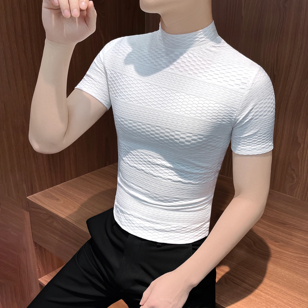 菱格t恤短袖男款爆款2025新款网红洋气炸街男装男士半高领打底衫