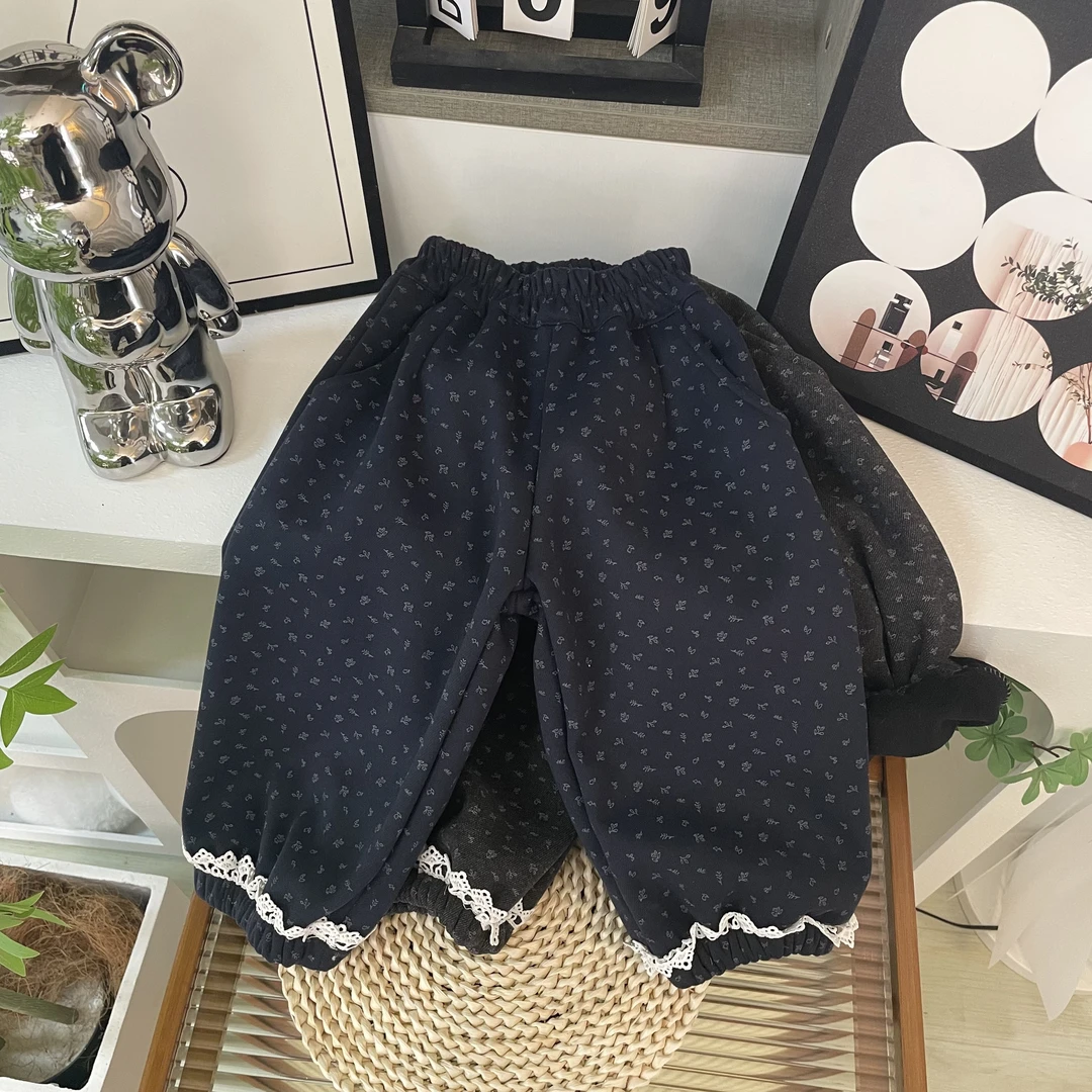 女童秋冬季加绒加厚小碎花韩版松紧腰中大童休闲束脚裤高级感长裤
