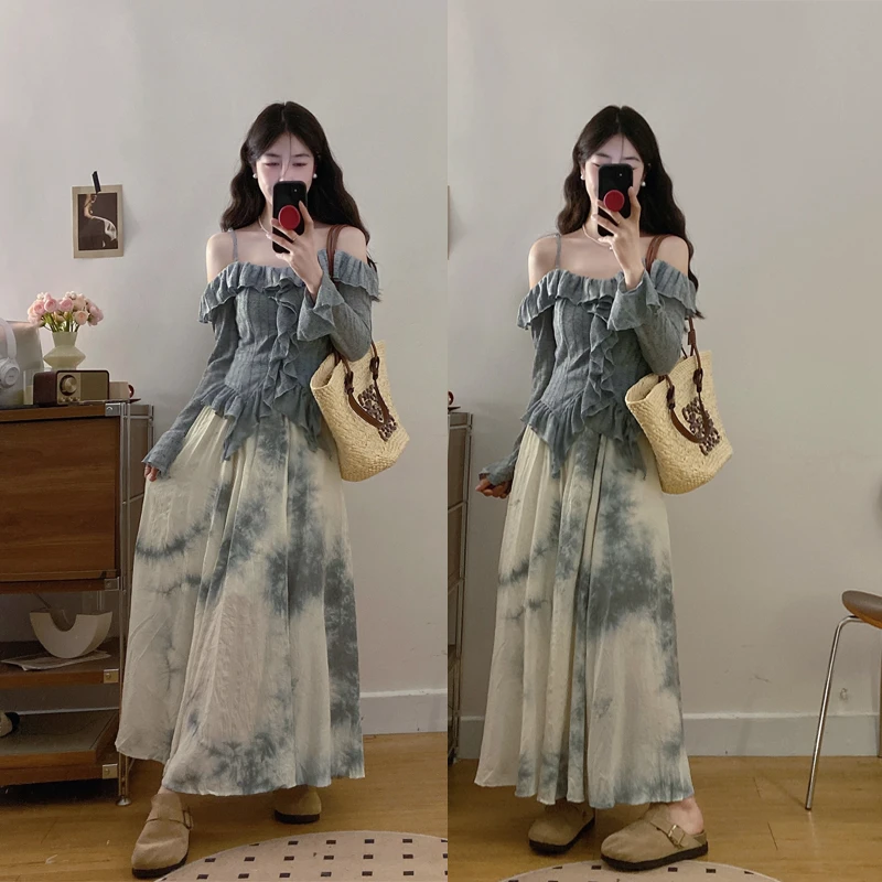 实拍 一尧晚山茶新中式国风套装春夏大码一字肩上衣半身裙两件套