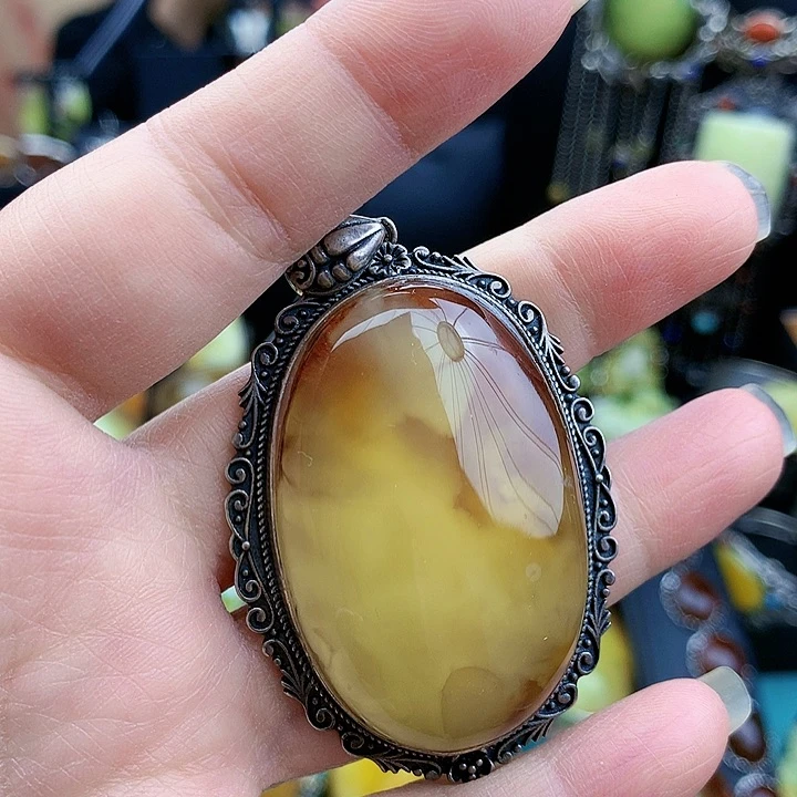 琥珀裸石银S925镶嵌坠