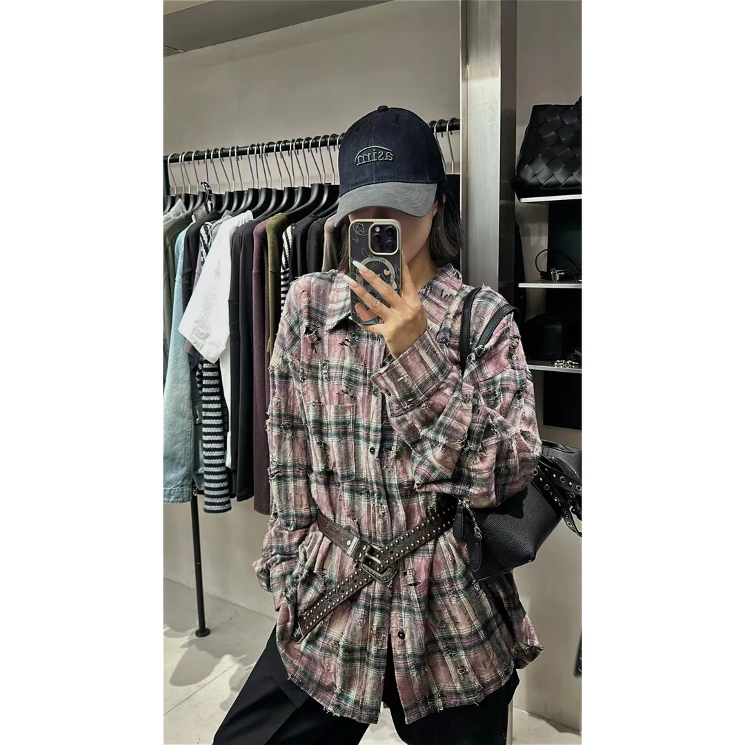 -有调性的！复古做旧破洞慵懒格子衬衫（13R737#）R13