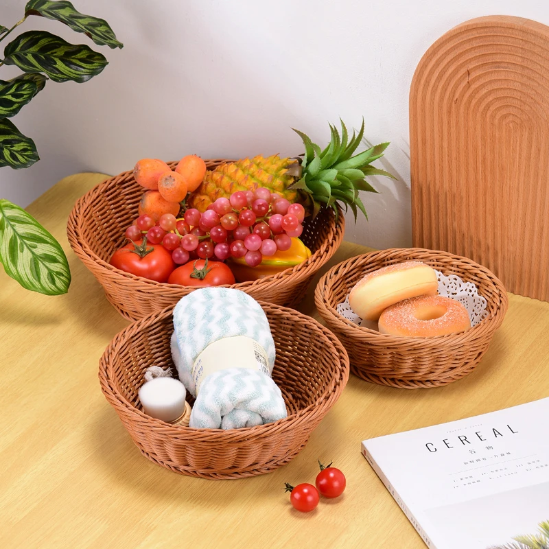 藤编水果展示篮圆形篮塑料点心收纳篮超市酒店厨房餐具椭圆篮子