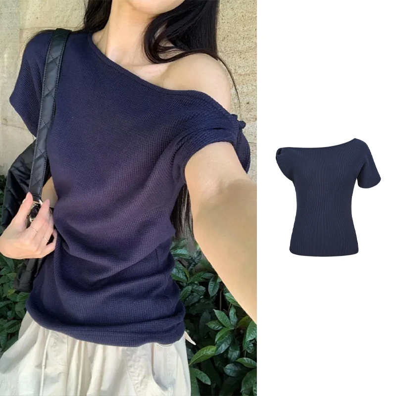 Moses Queen/魔西女王纯欲辣妹露肩短袖T恤扭结设计小众宽松上衣