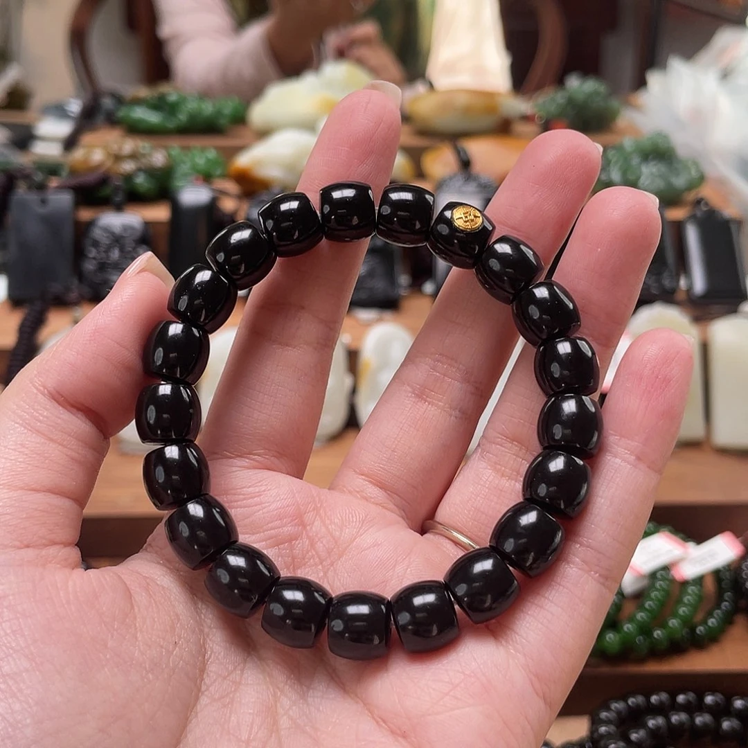 和田玉18K金镶嵌手链和田玉黑青9/10直