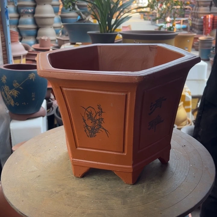 紫砂宜兴紫砂花盆花盆32清雅红六方