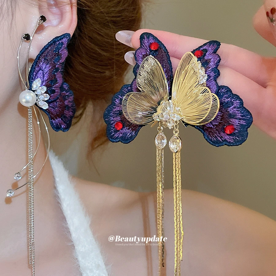 铜合金锆石耳饰 银针针织蝴蝶流苏耳环气质时尚百搭超仙个性耳饰