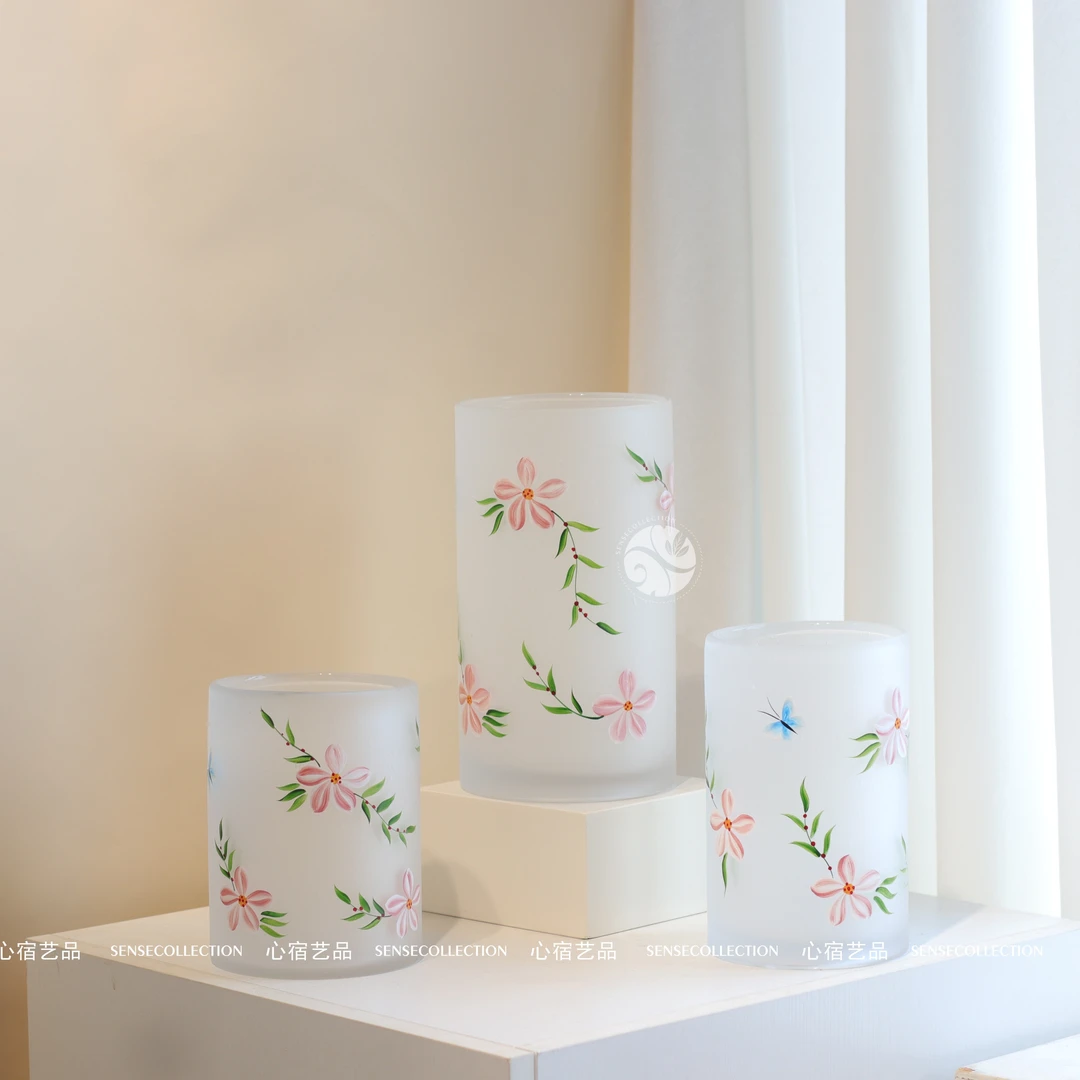 【心宿艺品】手绘樱花琉璃花瓶 磨砂质感直筒款桌面插花装饰摆件