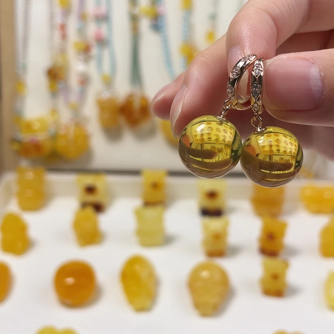 金珀银S925镶嵌裸石金珀耳环