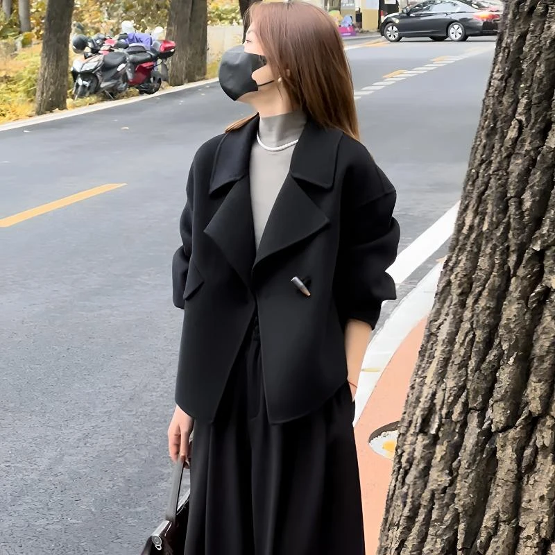 高端双面100%毛呢大衣女装短款小个子显瘦气质时尚宽松短款外套
