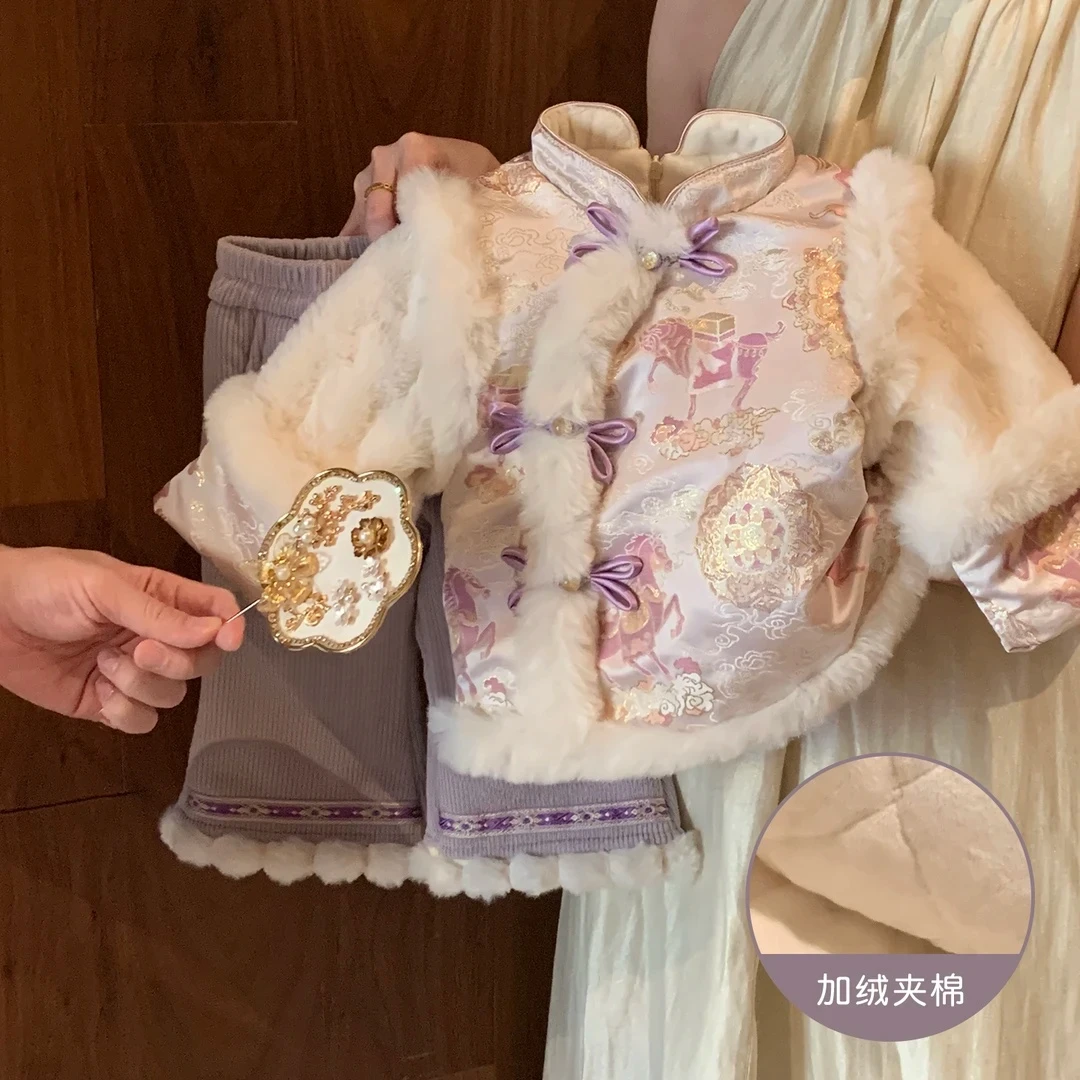 女童汉服过年拜年服秋冬新款唐装中国风套装女宝宝周岁礼服秋冬装