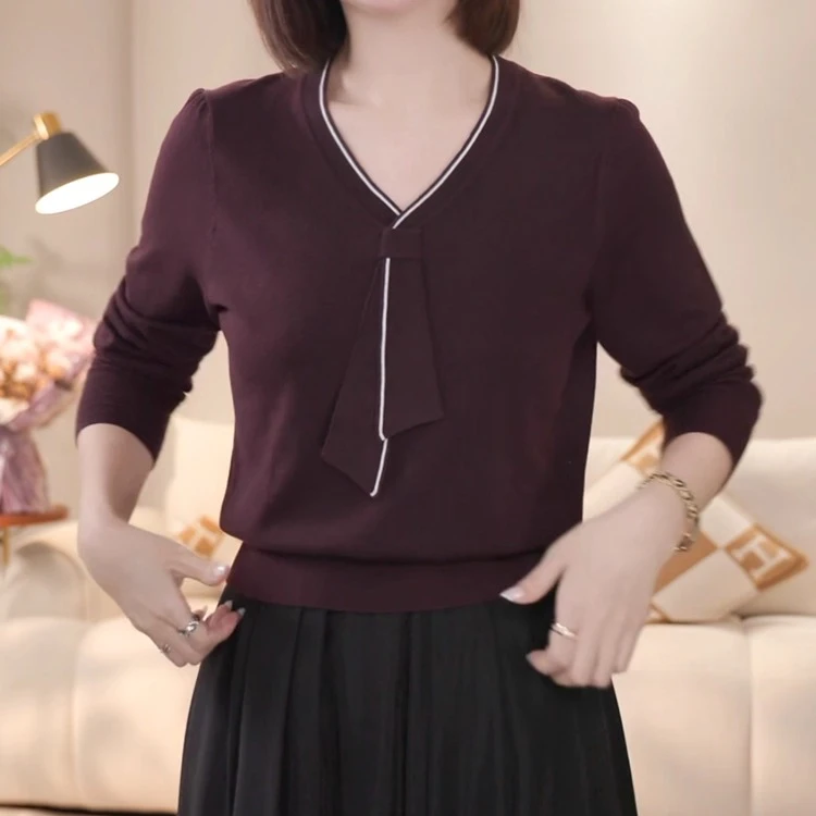 妈妈秋装2025新款v领针织衫上衣时尚宽松长袖打底衫贵夫人女装T恤