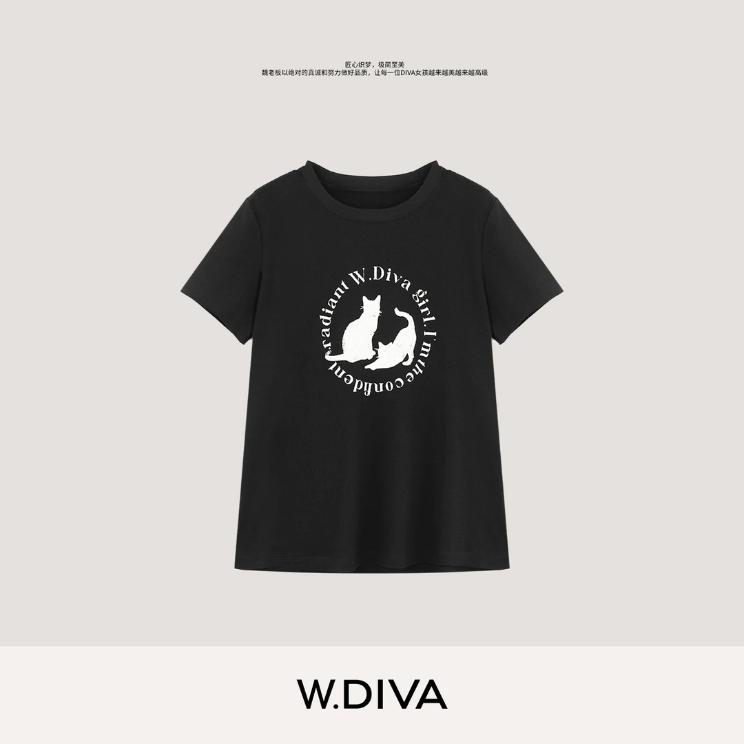W.Diva【猫猫T】5A抗菌棉质短袖趣味萌宠印花T恤慵懒风女53T072907