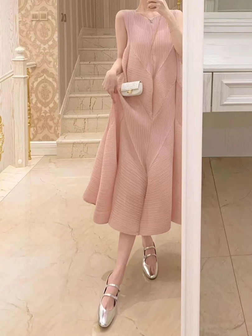 【D.Deng定制】三宅褶皱2025夏季百搭花苞裙遮肉显瘦气质无袖连衣裙