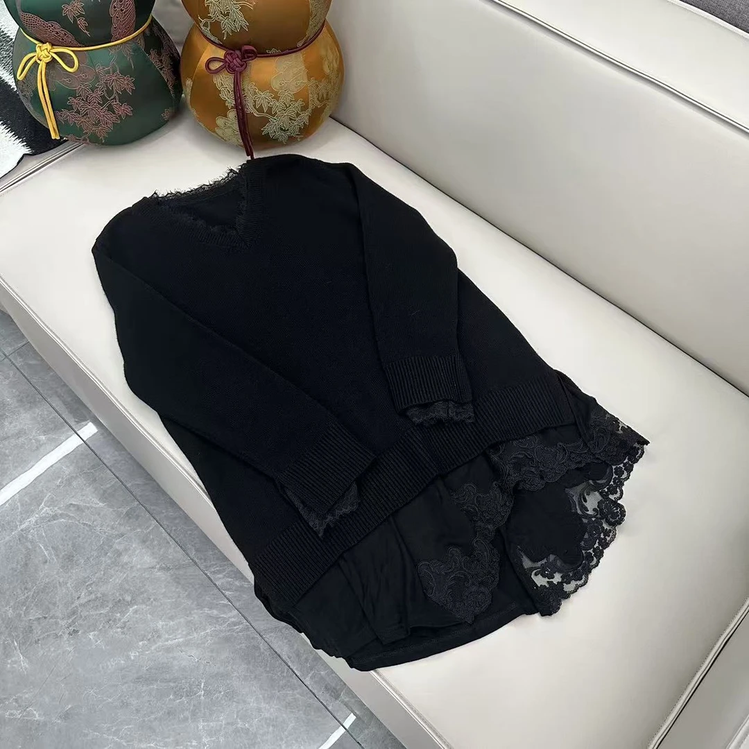 【娜娜推荐】气质蕾丝V领后开叉羊毛衫中长款羊毛保暖毛衣636593