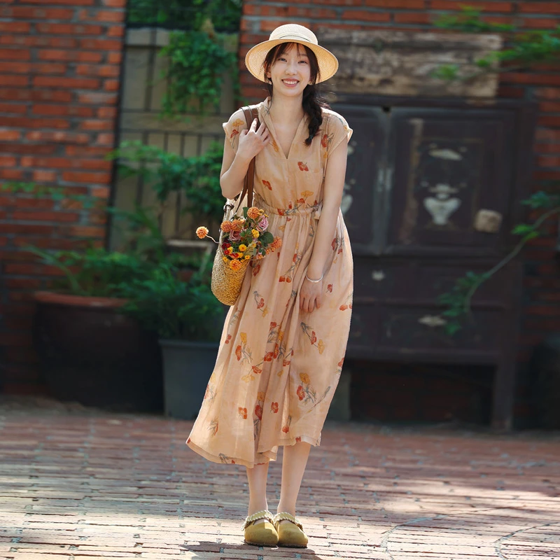 澳希美2025年夏季新款碎花优雅苎麻短袖中长款连衣裙文艺长裙