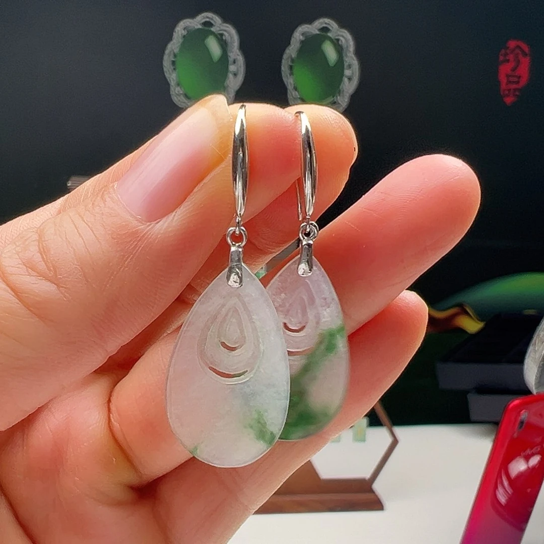 翡翠银S925镶嵌耳饰天然翡翠