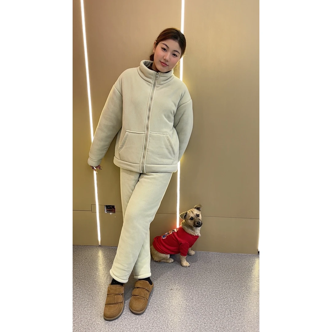 冬季【G-6173】女士复合连帽奥粒绒睡衣休闲时尚加绒加厚家居服套