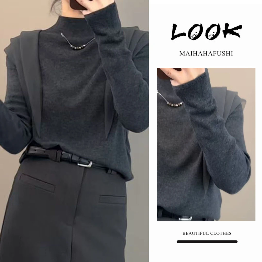 2025超火欧货套装女深秋初冬季假两件网纱拼接半高领针织打底衫潮