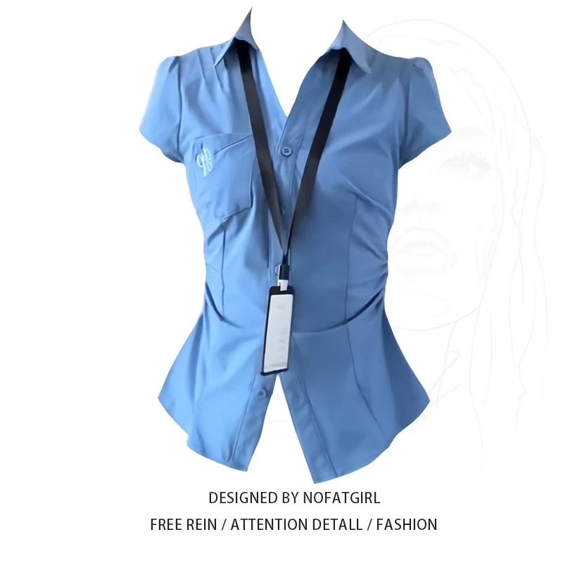 大码胖MM韩系蓝色polo领短袖衬衫女夏季新款收腰显瘦独特别致上衣