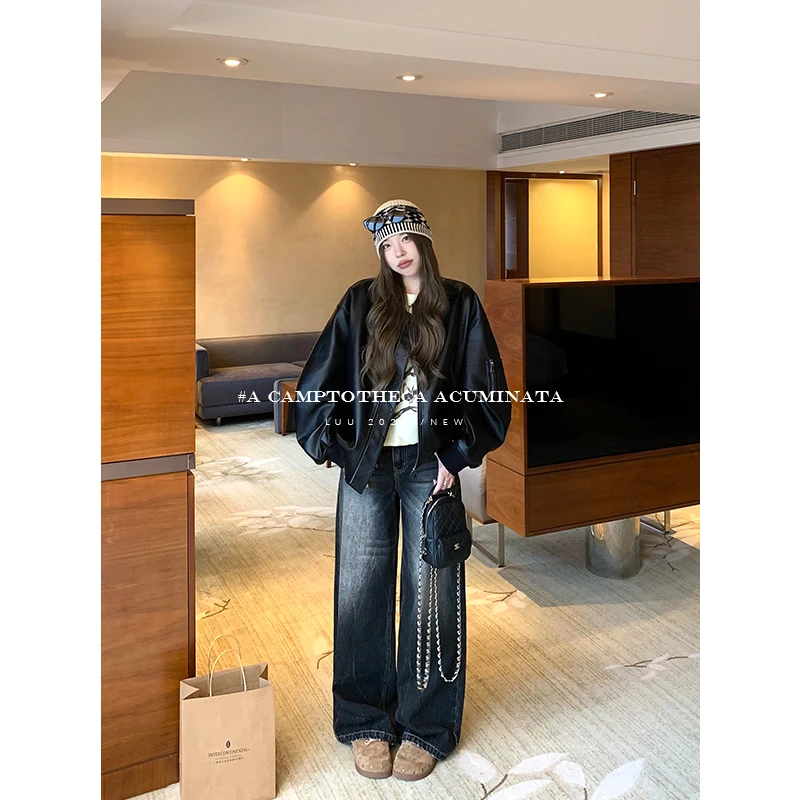 LUU桃喜儿/水洗重工做旧渐变牛仔裤女夏秋宽松纯棉阔腿裤高腰裤子