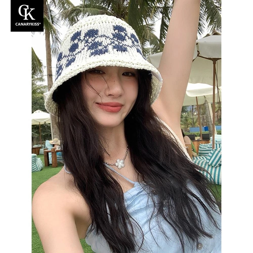 CanaryKiss韩国镂空编织渔夫帽女秋季透气显脸小帽子盆帽防晒帽