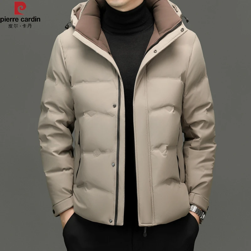 皮尔卡丹时尚商务休闲连帽白鸭绒嘉兴羽绒服冬季保暖外套厚男短款