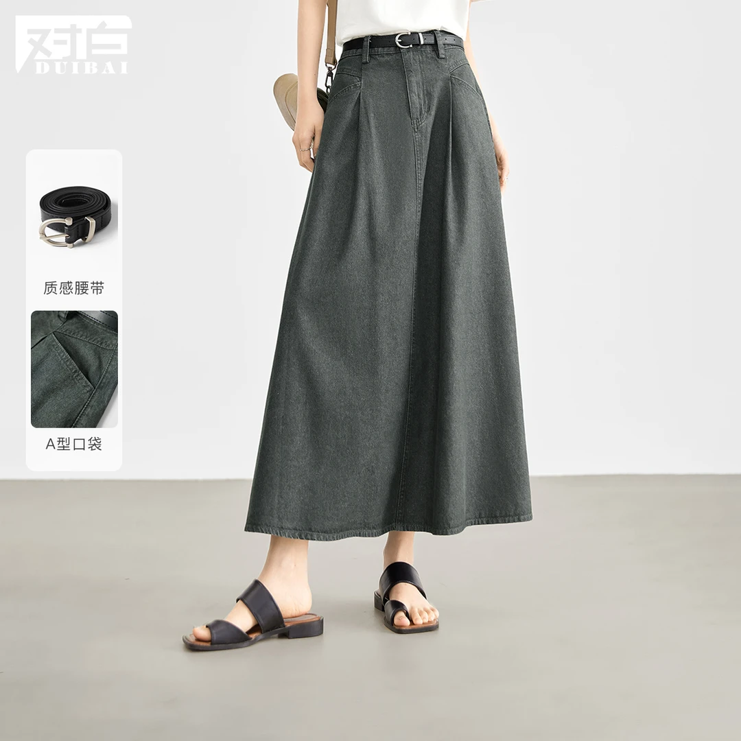 对白复古松弛感牛仔半身裙2025遮肉显瘦百搭A字裙长裙