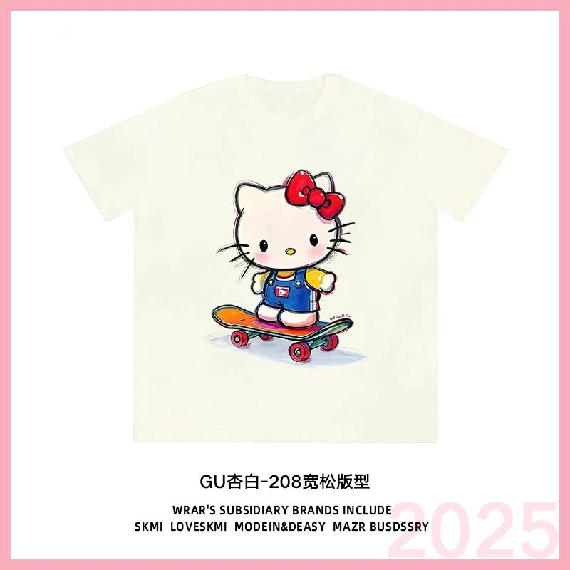 彩色滑板KT 新品宽松T恤圆领慵懒风可爱风情侣短袖