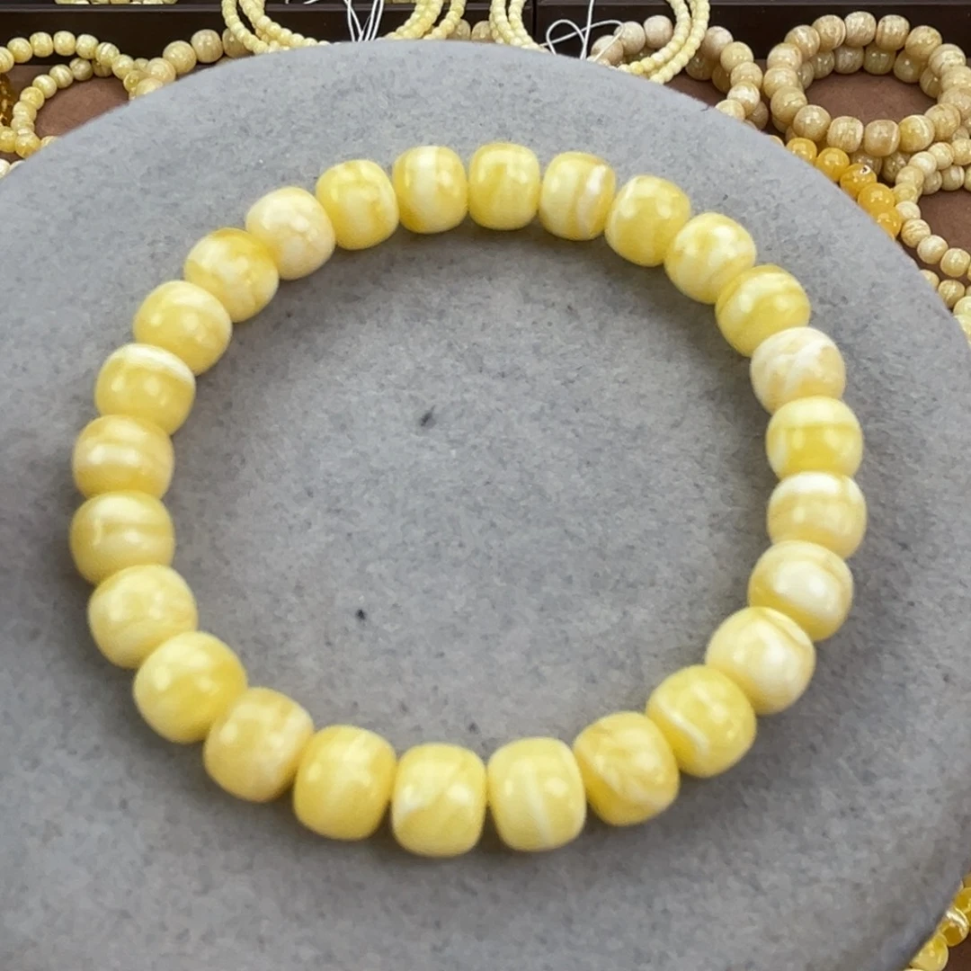 蜜蜡未镶嵌手串纯天然俄料瓷白花虎皮9*8腕口18+