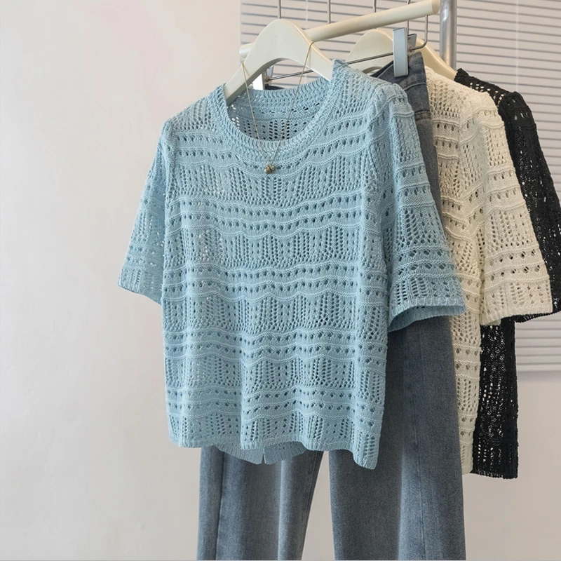 2025夏季新款薄款短袖针织上衣大码女装胖mm宽松遮肉镂空T恤罩衫