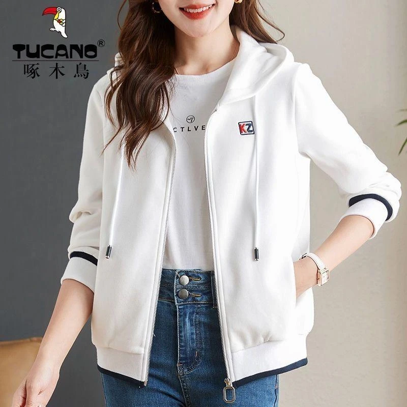 啄木鸟连帽拉链开衫卫衣春秋外套女薄款2025新款秋季爆款白色上衣